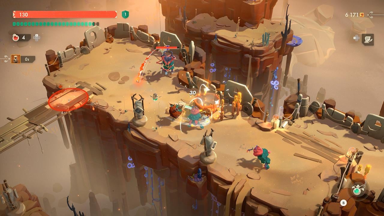 Will fighting desert enemies on a Kalina cliff in Moonlighter 2: The Endless Vault, HUD showing health, potions, and gold