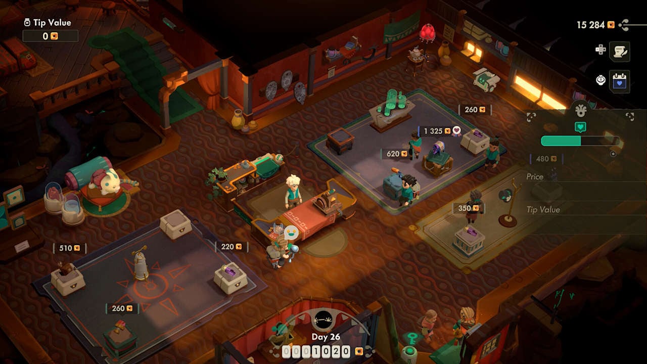 Will's decorated shop floor in Tresna with priced relics on carpets, customers browsing, and the day-26 sale HUD